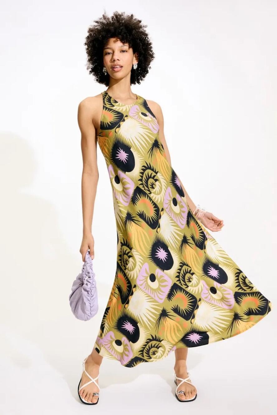 Untitled in Motion SzM Lanelle Green Boho Printed Sleeveless Bias Cut Maxi Dress